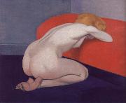 Felix Vallotton Nude Kneeling against a red sofa oil painting reproduction